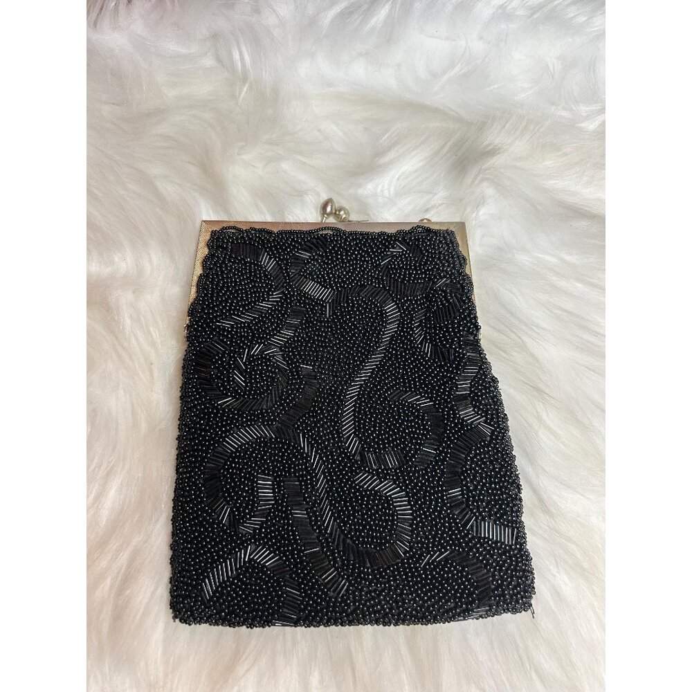 Vintage black hand made beaded small purse bag tyled by artel Montreal